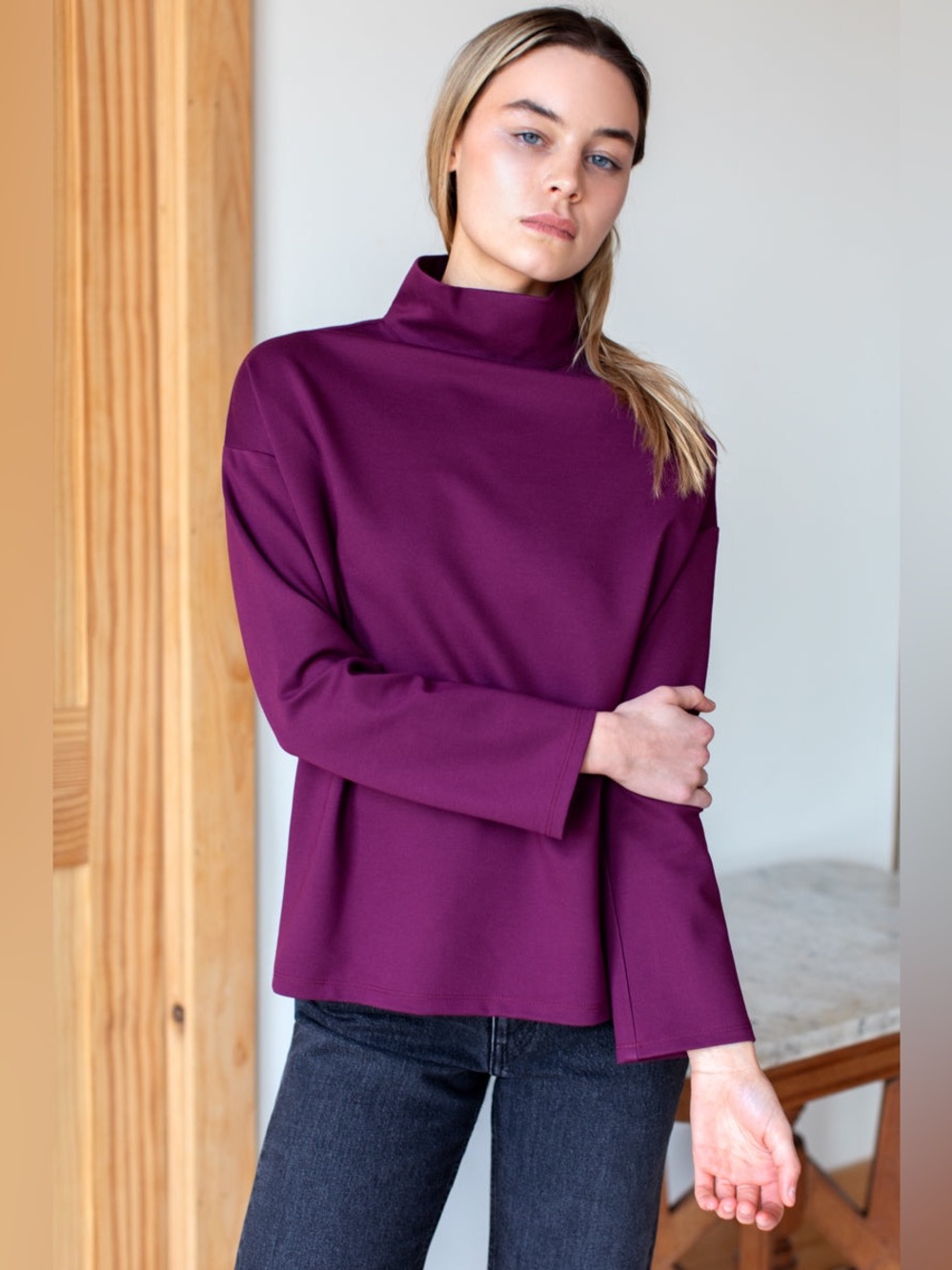 Emerson Fry Edie Top Merlot Ponte Boxy Structured Mock Turtleneck Back Zip